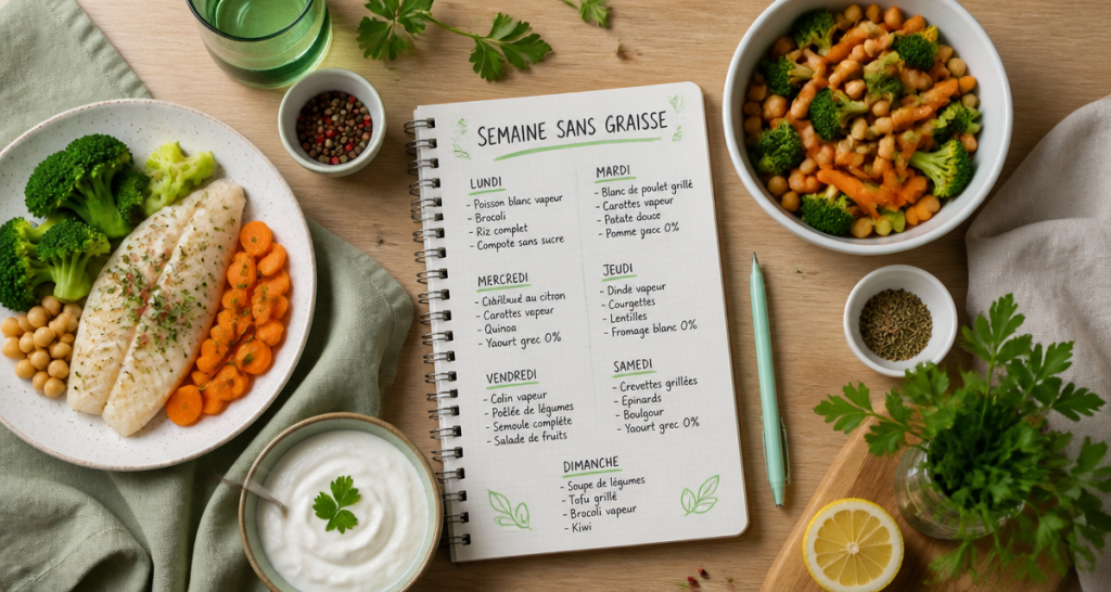 menu semaine sans graisse sur table avec plats sains