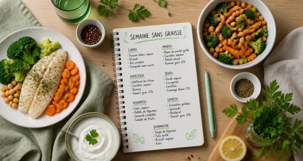 menu semaine sans graisse sur table avec plats sains