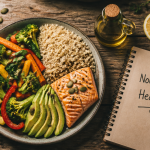 Nourriture healthy assiette équilibrée légumes quinoa saumon