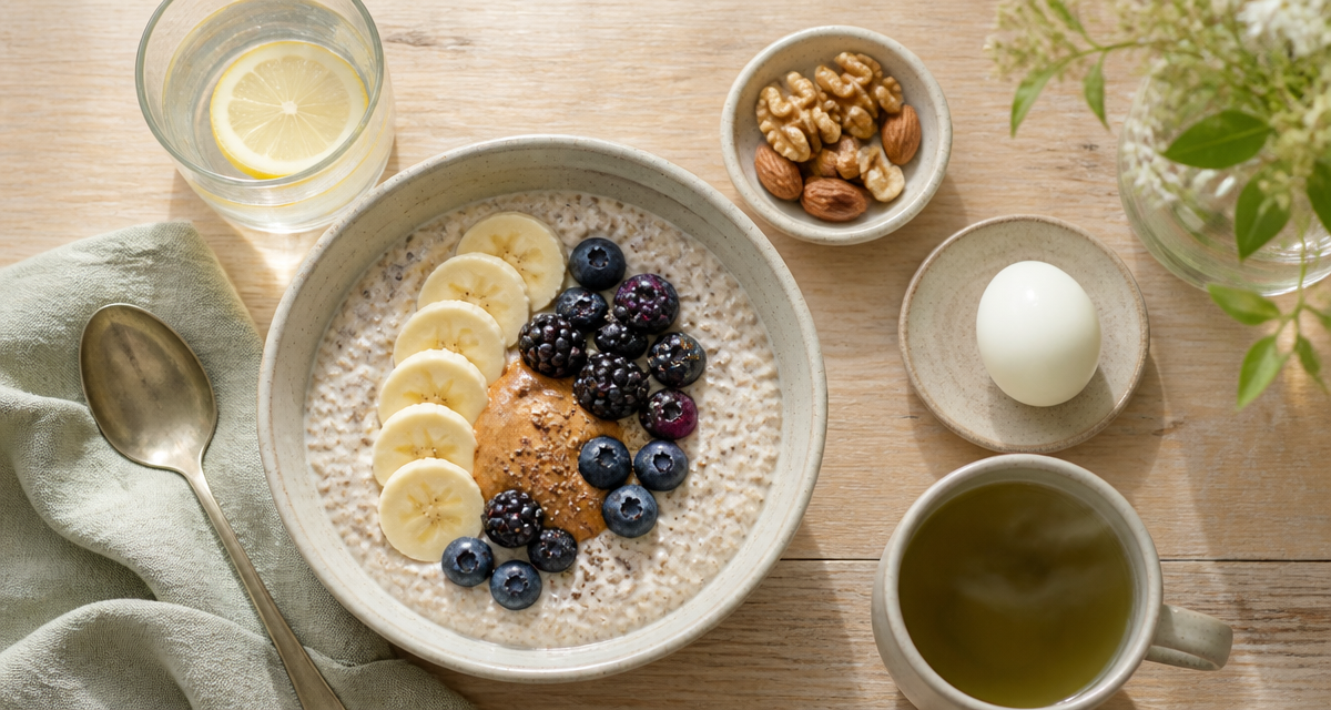 Petit dej équilibré recette porridge protéiné, fruits, œuf, thé