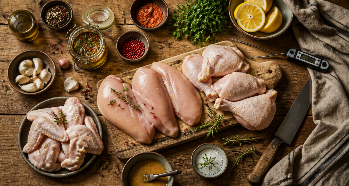 plat a base de poulet morceaux et marinades sur table rustique
