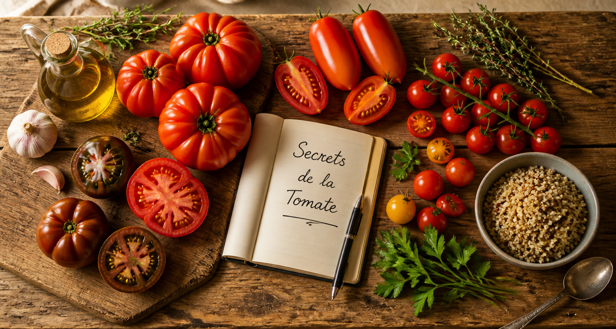 recette avec tomates différentes variétés sur planche bois