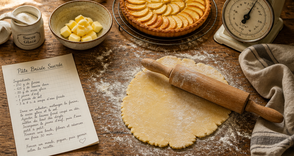 recette sucrée avec pâte brisée maison sur plan de travail