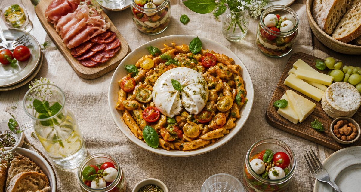 repas froid entre amis table salade penne