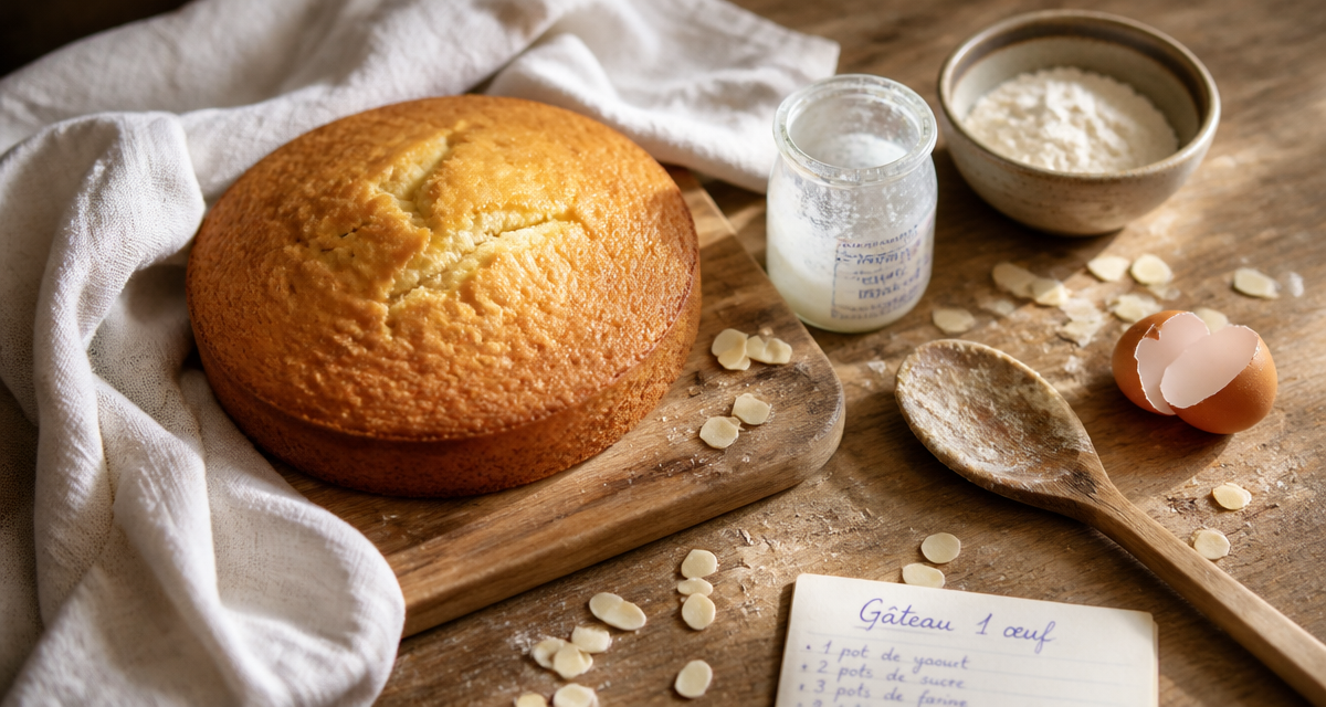 un gateau avec un oeuf sur planche en bois