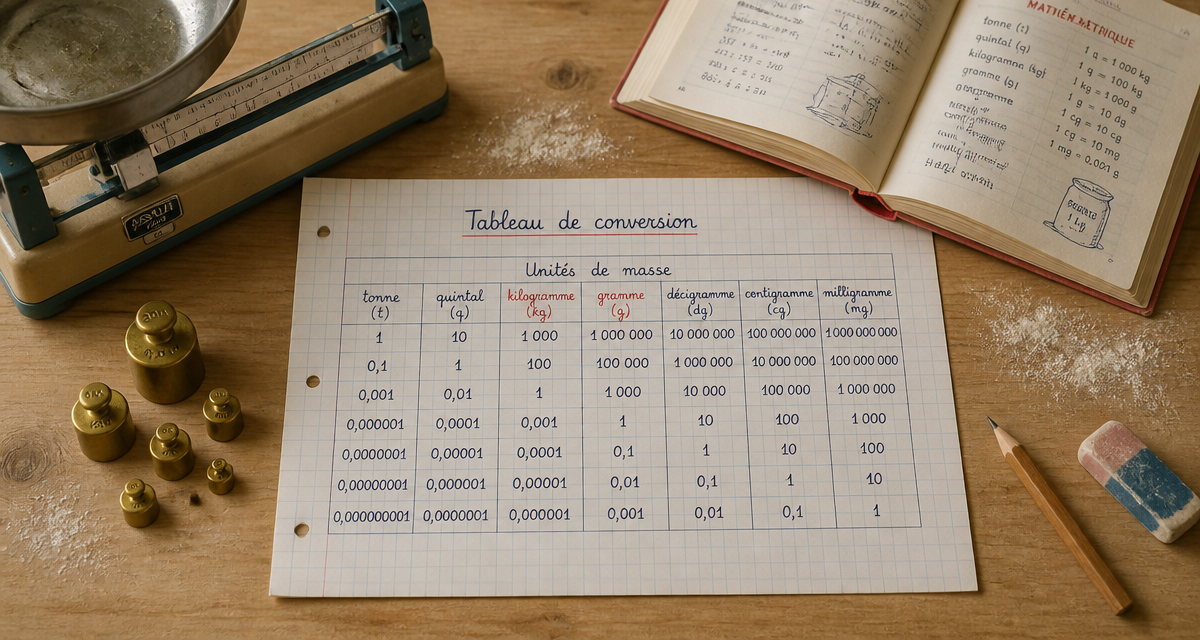tableau de conversion gramme manuscrit sur bureau