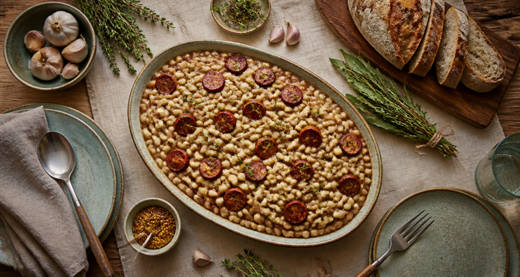 accompagnement flageolet crémeux avec saucisse et pain