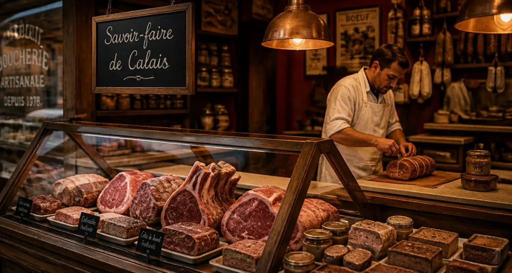 Boucher Calais préparant viande en boutique