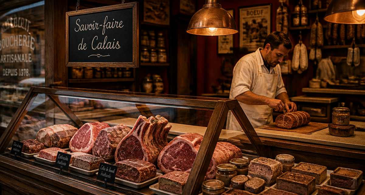 Boucher Calais préparant viande en boutique