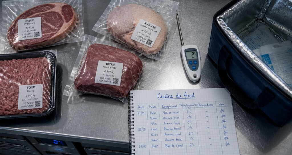 chaine du froid viande sur plan inox à 2°C