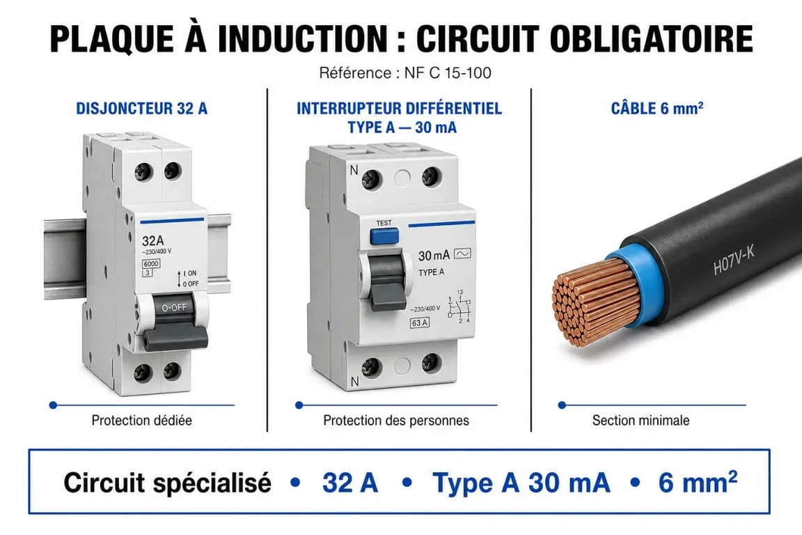 Schéma des composants électriques pour plaque induction : disjoncteur 32A et câble 6mm2