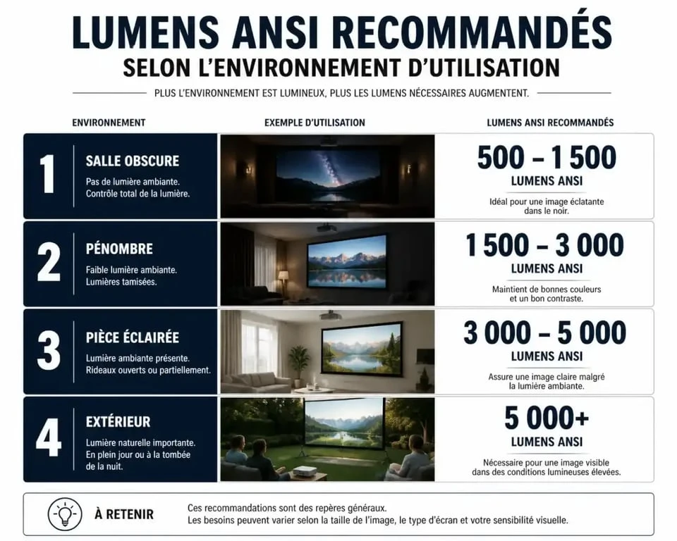 Infographie des besoins en lumens ANSI pour vidéoprojecteur selon l'environnement