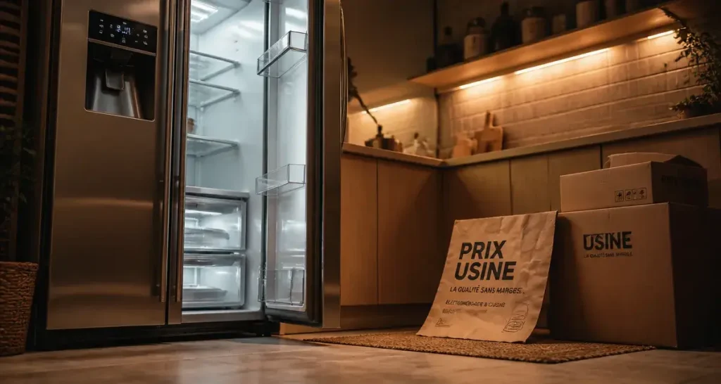 Frigo américain prix usine en intérieur : distributeur d’eau et LED, porte entrouverte