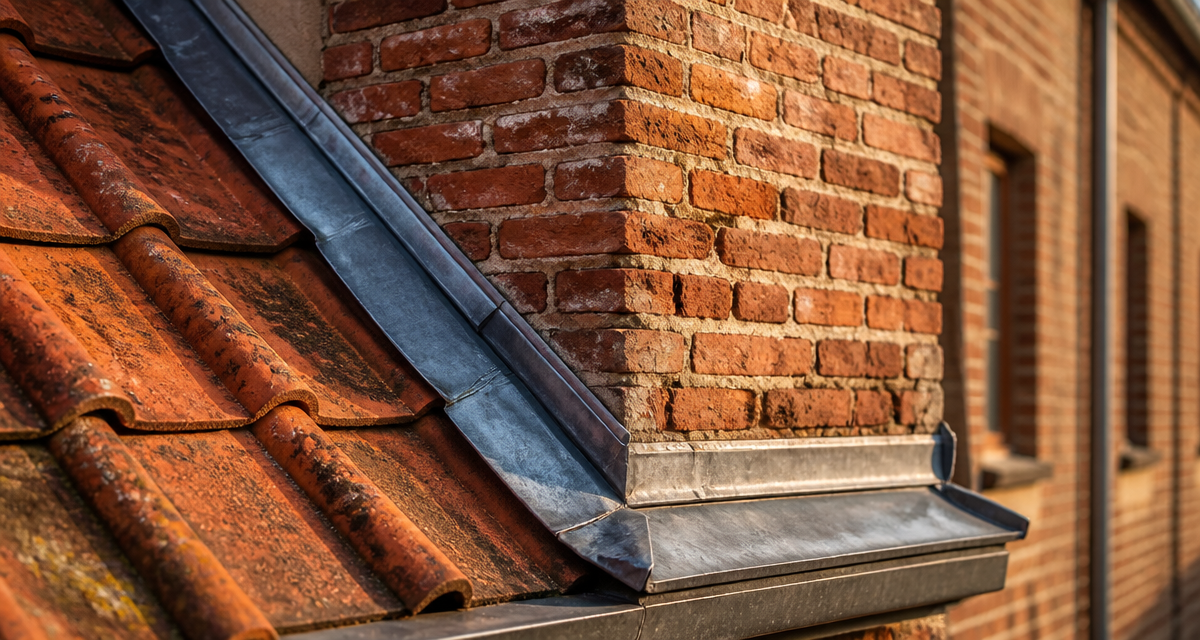 jonction toit mur tuiles et briques avec solin zinc