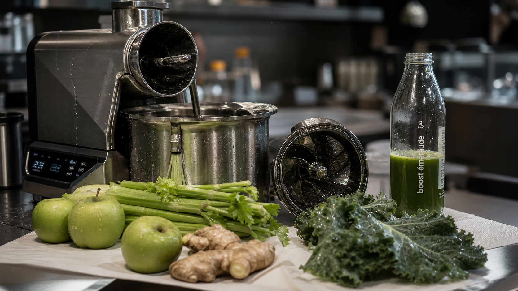 Meilleur extracteur de jus professionnel inox avec jus vert émeraude