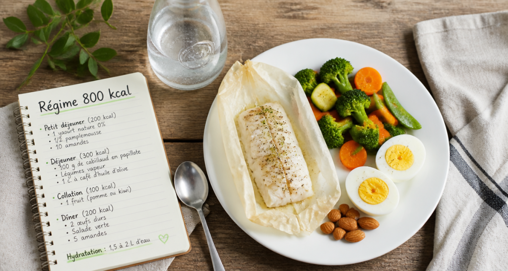 Assiette menu 800 calories par jour avec poisson, légumes et œufs