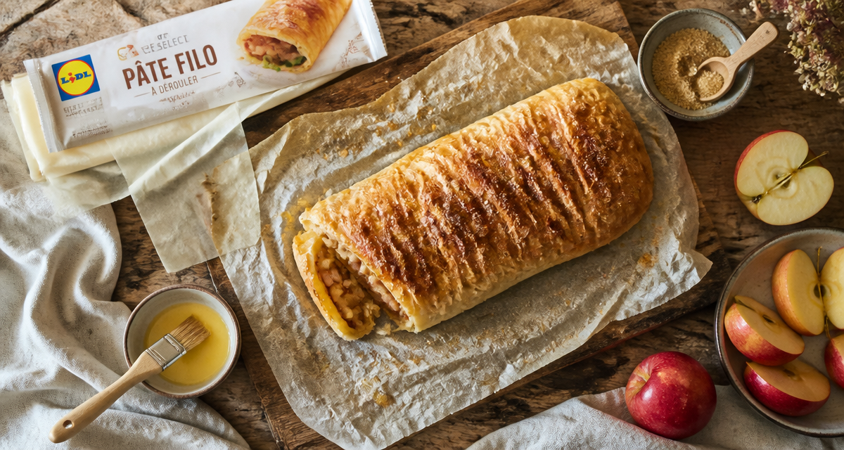 Strudel pommes avec pâte filo Lidl sur table rustique