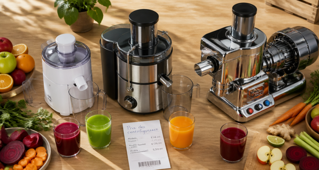 prix centrifugeuse trois modèles alignés sur table avec fruits et jus