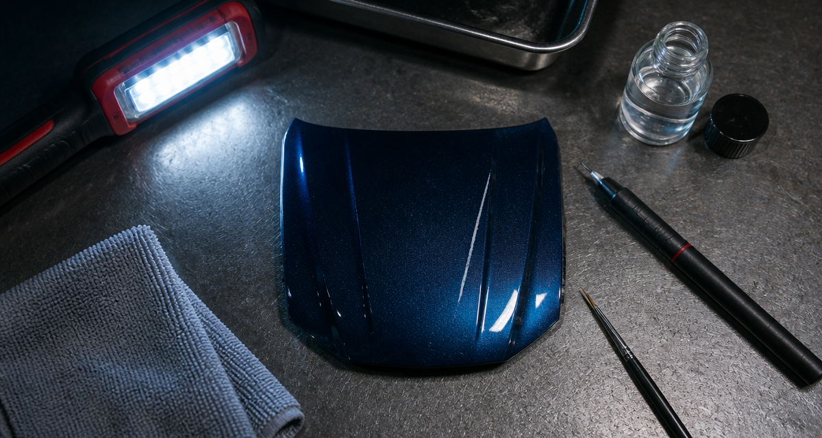 vernis voiture retouche sur capot miniature avec outils