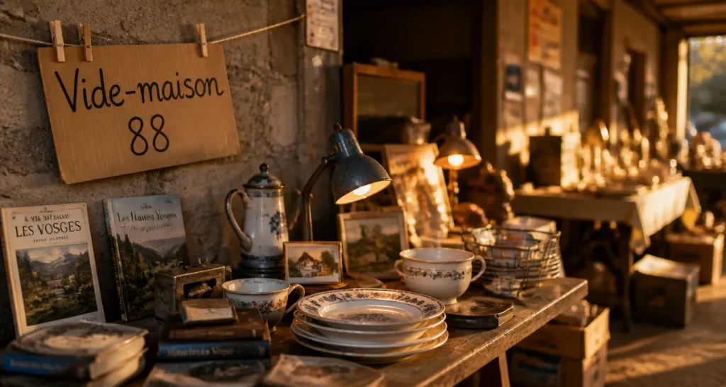 Vide maison 88 à Vittel : garage vosgien pour chiner, pancarte “Vide-maison 88”
