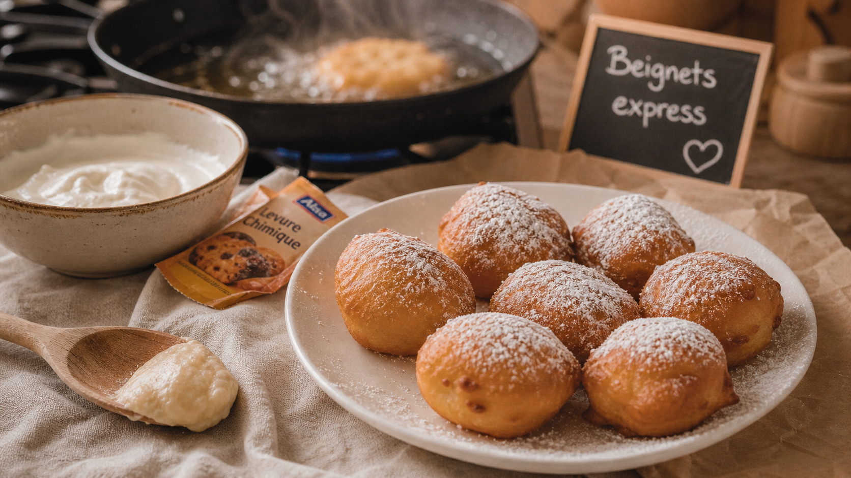 Beignet rapide moelleux sans repos, cuisson 170°C, sucre glace