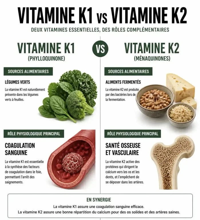 Infographie comparative des bienfaits et sources des aliments riches en vitamine K1 et K2