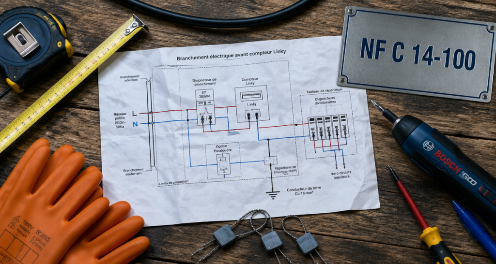 schéma branchement avant compteur linky avec outils et norme nf c 14-100