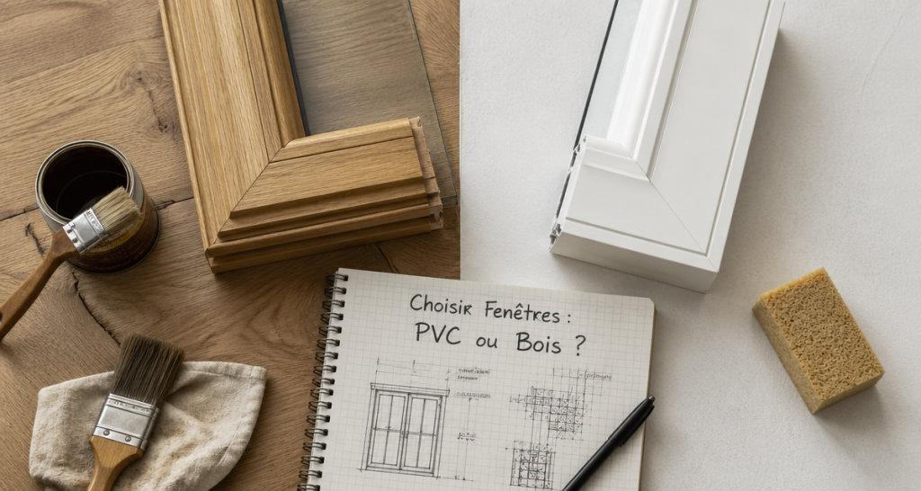 pvc ou bois pour les fenetres, échantillons sur plan de travail