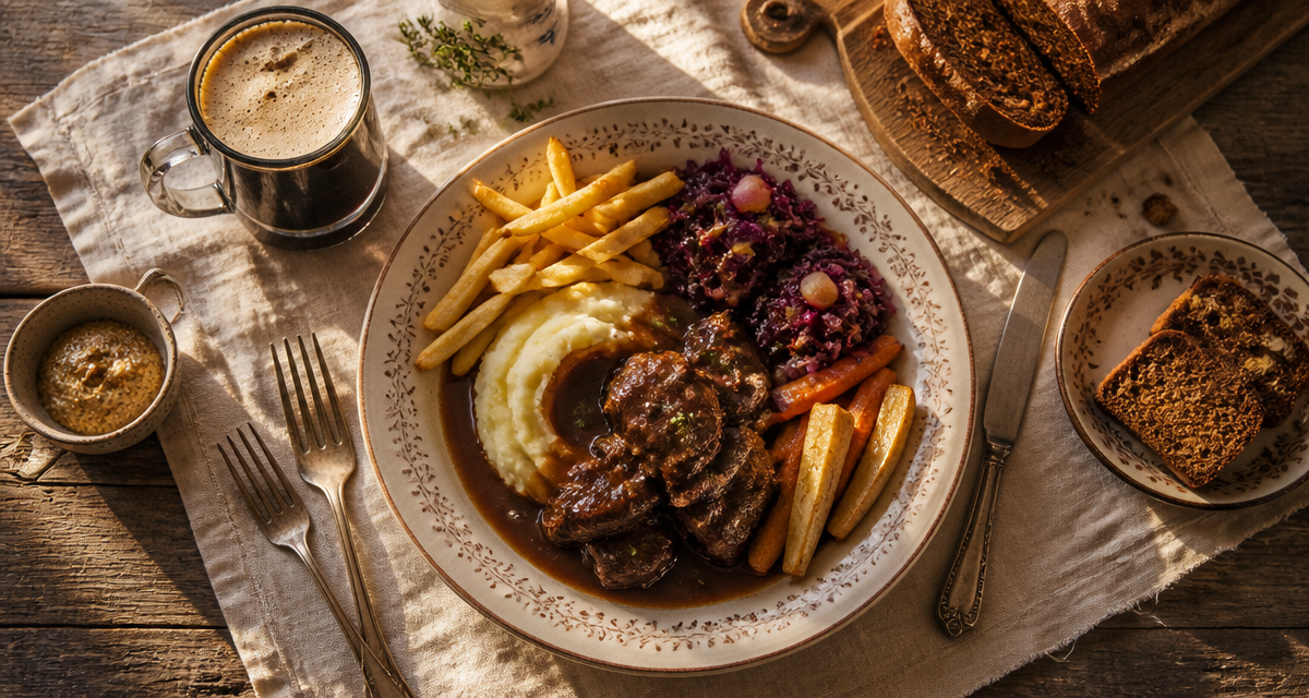 Accompagnement carbonade flamande avec frites, purée et légumes