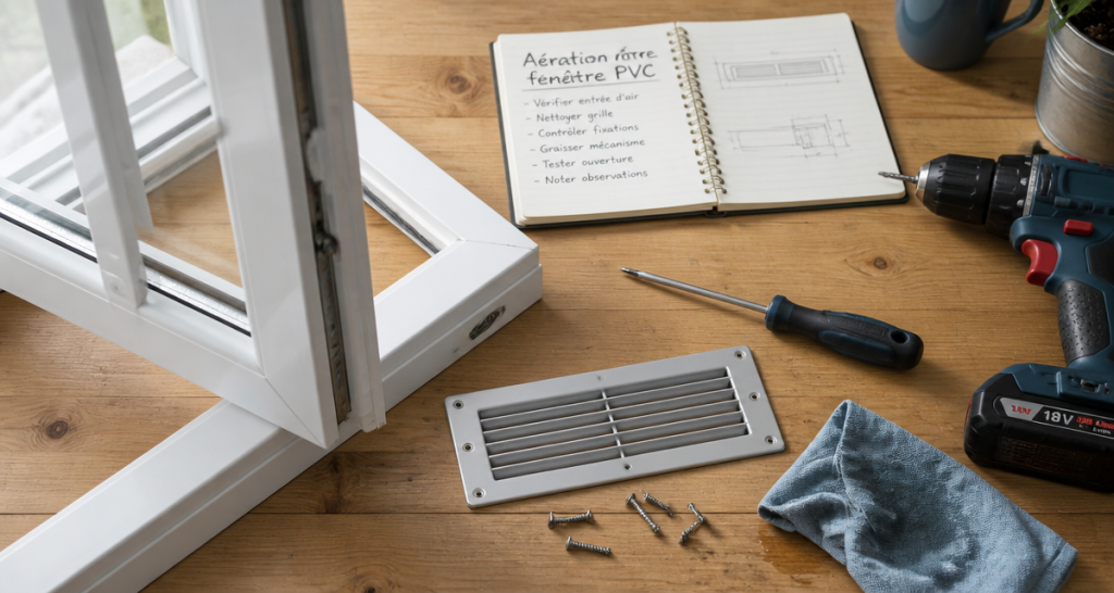 Aeration fenetre pvc grille et outils sur etabli