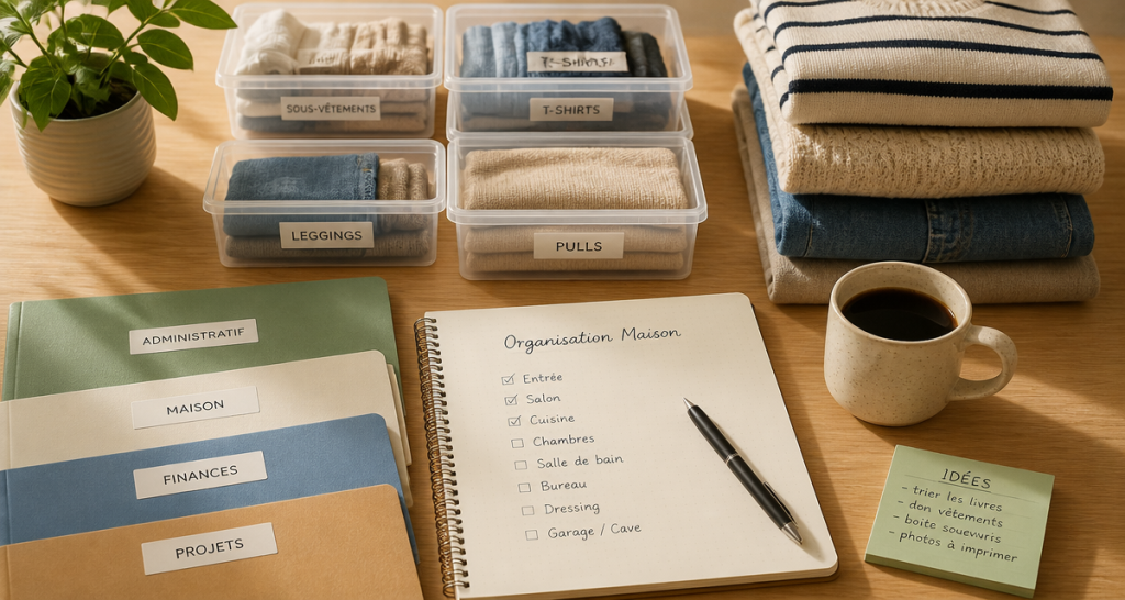 Aide rangement maison avec boîtes et checklist