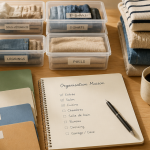 Aide rangement maison avec boîtes et checklist