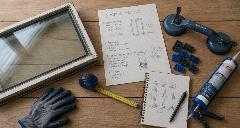 changer un double vitrage outils sur plan de travail