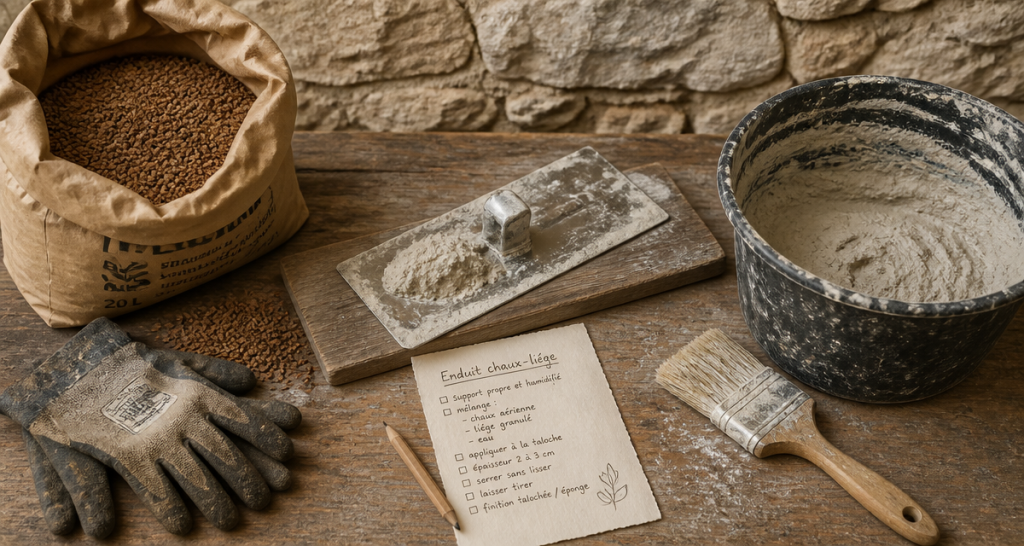 enduit chaux liege outils mur ancien