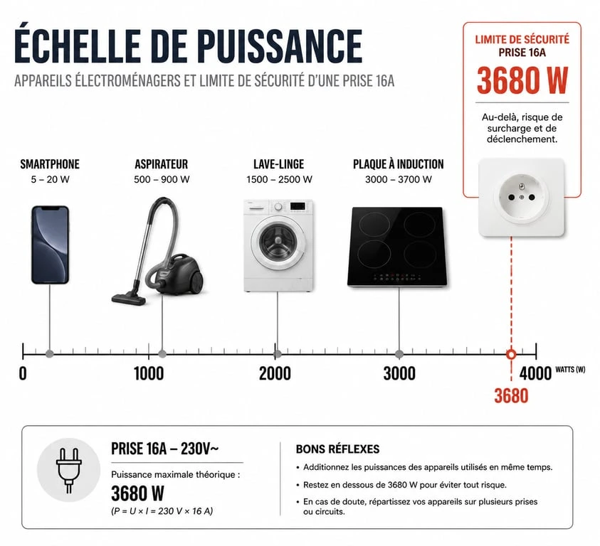 Infographie comparative des puissances des appareils électroménagers par rapport à la limite d'une prise 16A