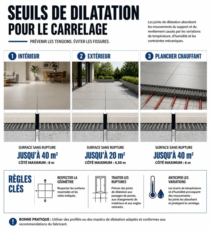 Infographie des seuils de dilatation pour carrelage selon le DTU