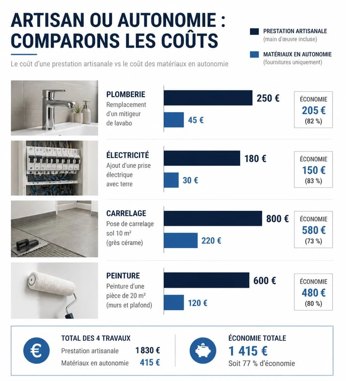 Comparatif des économies réalisées en bricolage par rapport aux tarifs des artisans
