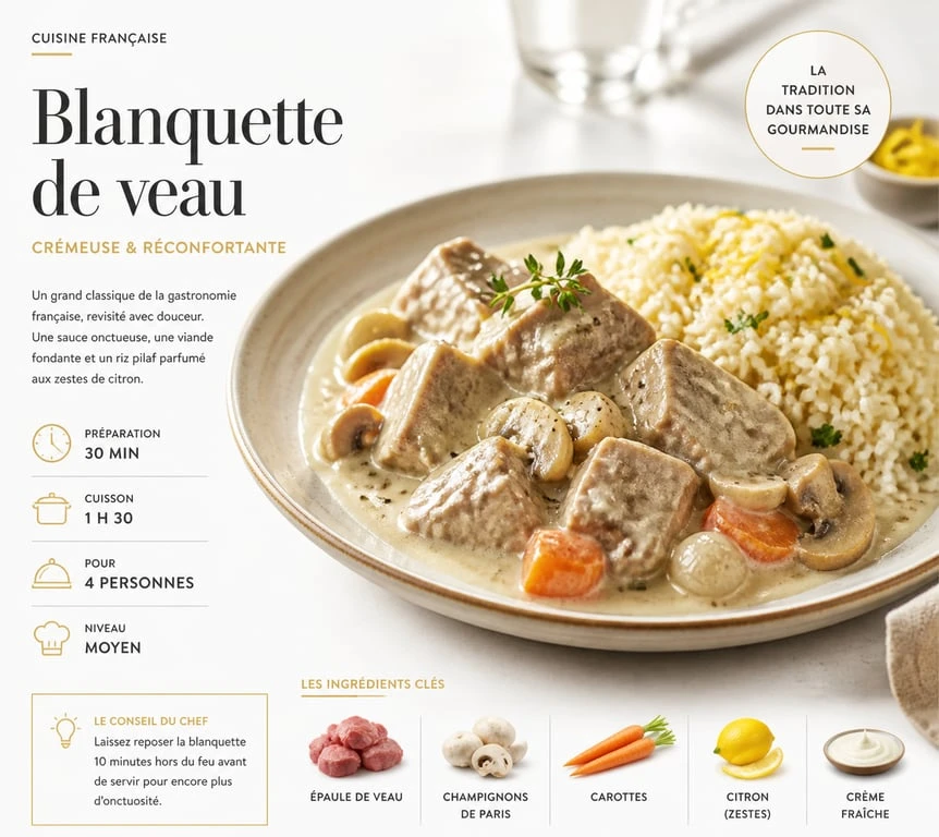 Assiette de blanquette de veau avec son accompagnement de riz pilaf