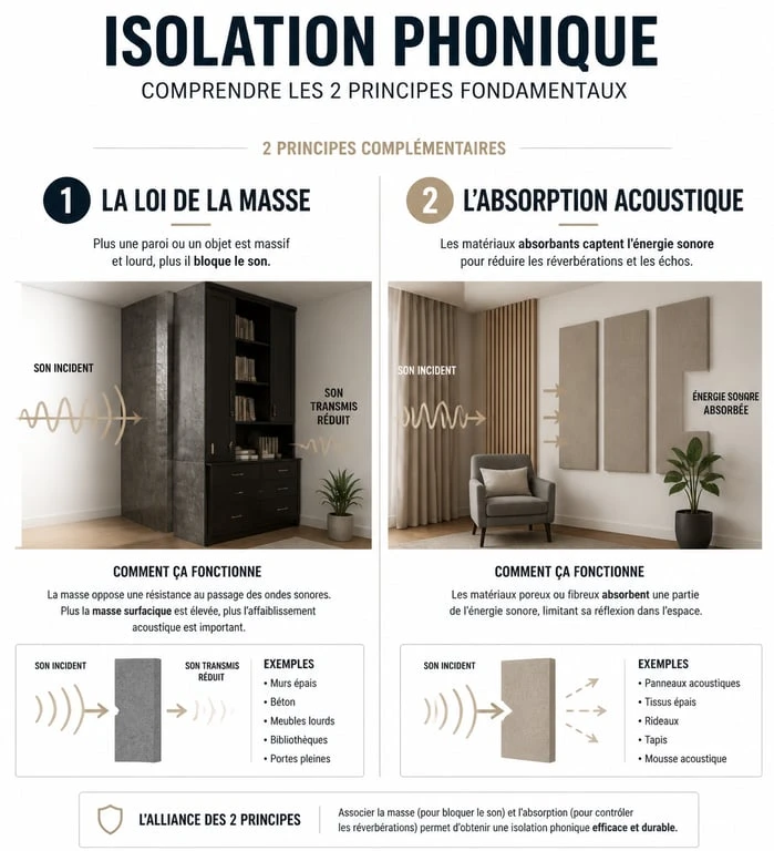 Infographie sur l'isolation phonique mur chambre sans travaux : masse contre absorption