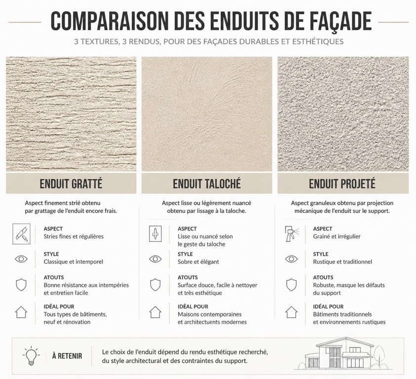 Comparatif des textures d'enduit de façade : gratté, taloché et projeté