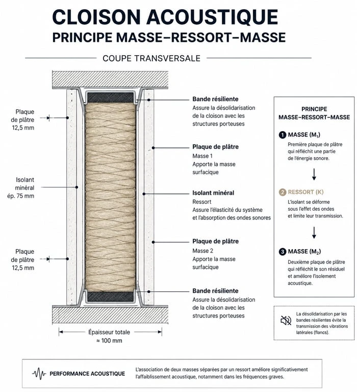 Schéma du principe masse-ressort-masse pour l'isolation cloison entre 2 chambres