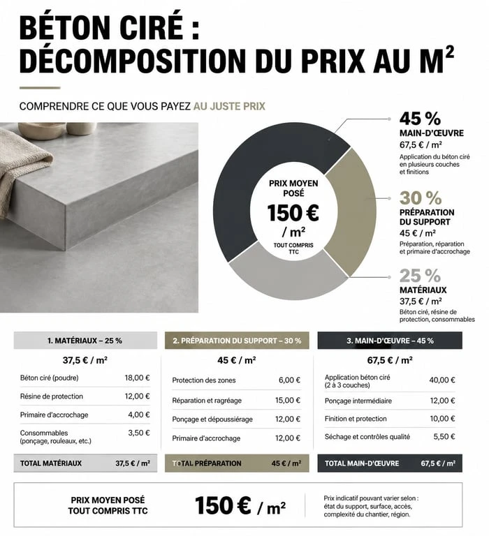 Infographie comparative du prix du béton ciré au m² et décomposition des coûts