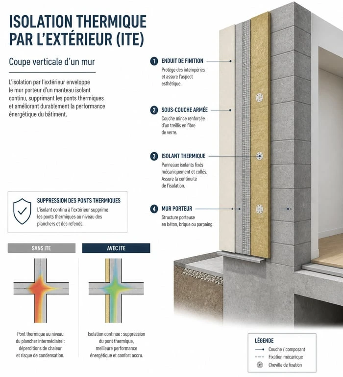 Schéma technique expliquant le fonctionnement de l'isolation thermique par l'extérieur (ITE) lors d'un ravalement de façade.