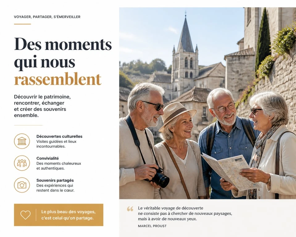Groupe de seniors en voyage organisé pour personnes seules de 60 ans profitant d'une excursion culturelle