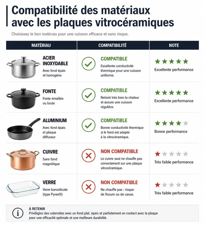 Infographie récapitulative de la compatibilité des matériaux de casseroles avec une plaque vitrocéramique