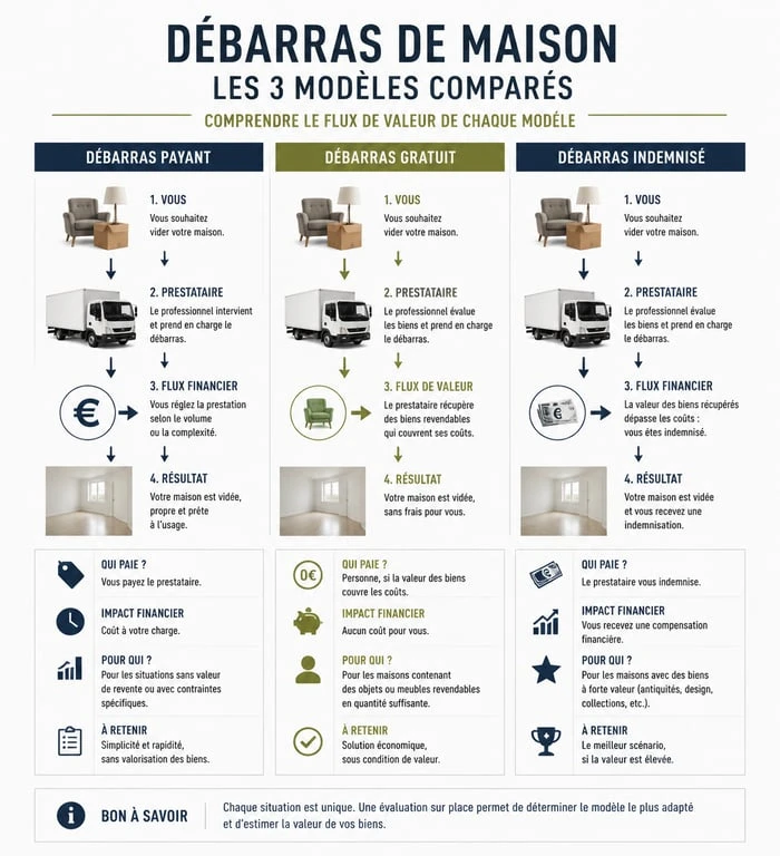 Infographie comparative des options de débarras maison : payant, gratuit ou indemnisé