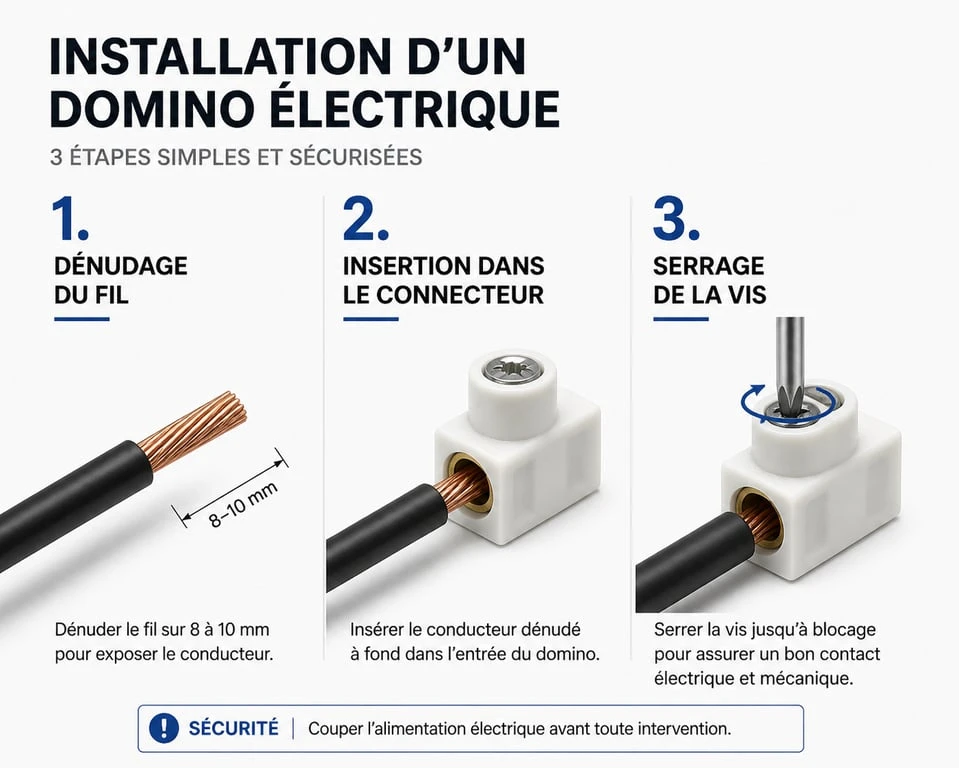 Étapes d'installation d'un domino électrique 3 sorties pour un câblage sécurisé