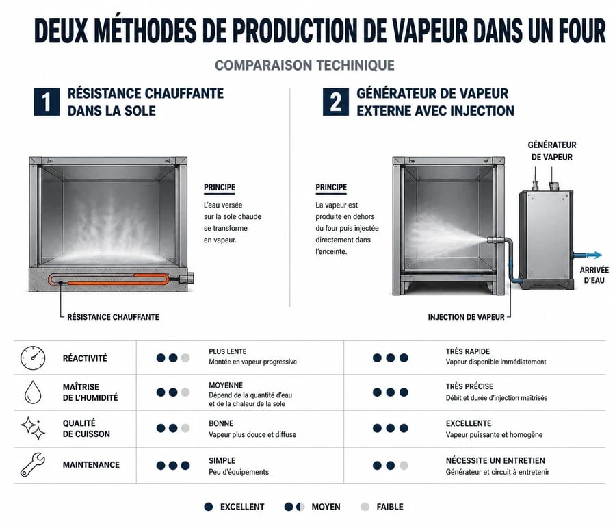 Schéma explicatif du fonctionnement d'un four vapeur : résistance chauffante vs générateur externe