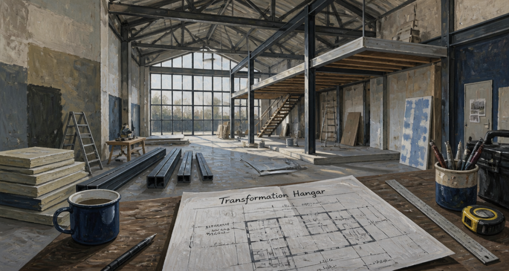 Hangar aménagé en maison avec mezzanine et baies vitrées