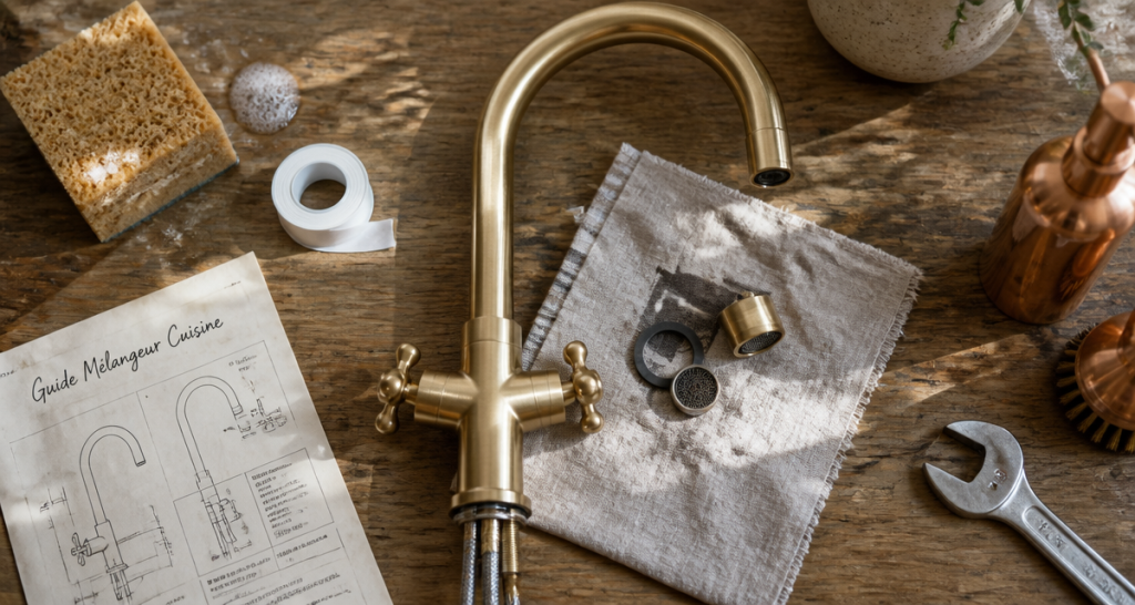 melangeur robinet cuisine laiton sur plan bois